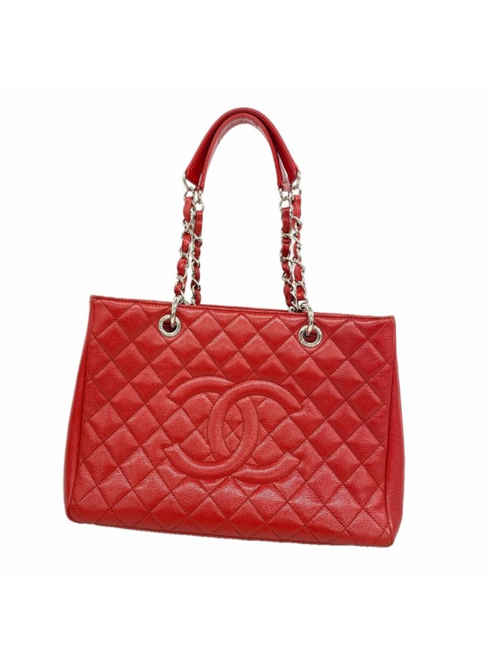 Chanel Chain Tote Bag Quilted Caviar Leather Red Silver
